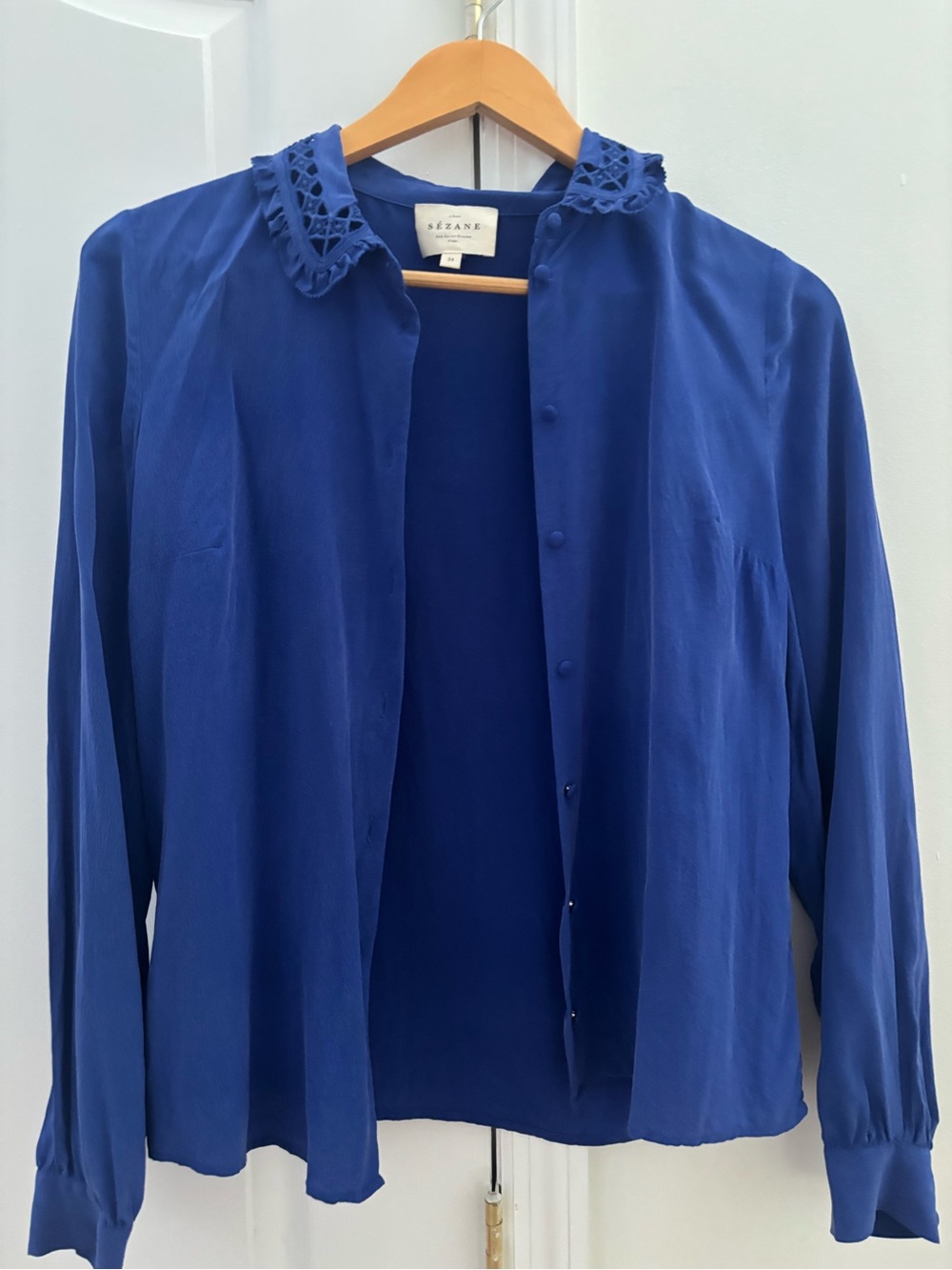 Sezane Cobalt Blue Button-Down Blouse with Crochet Collar